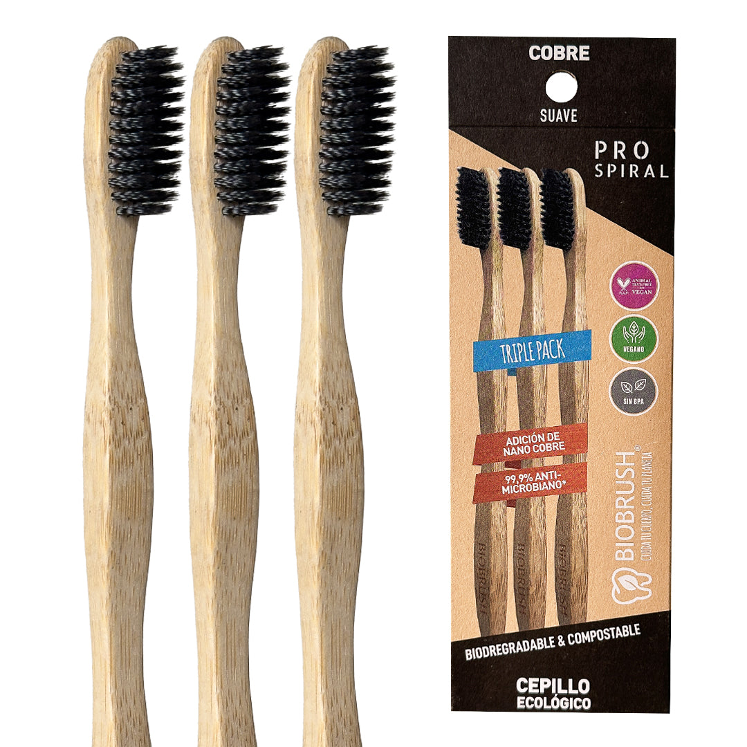 pack 3 cepillos de dientes ProSpiral negro Biobrands bambú natural