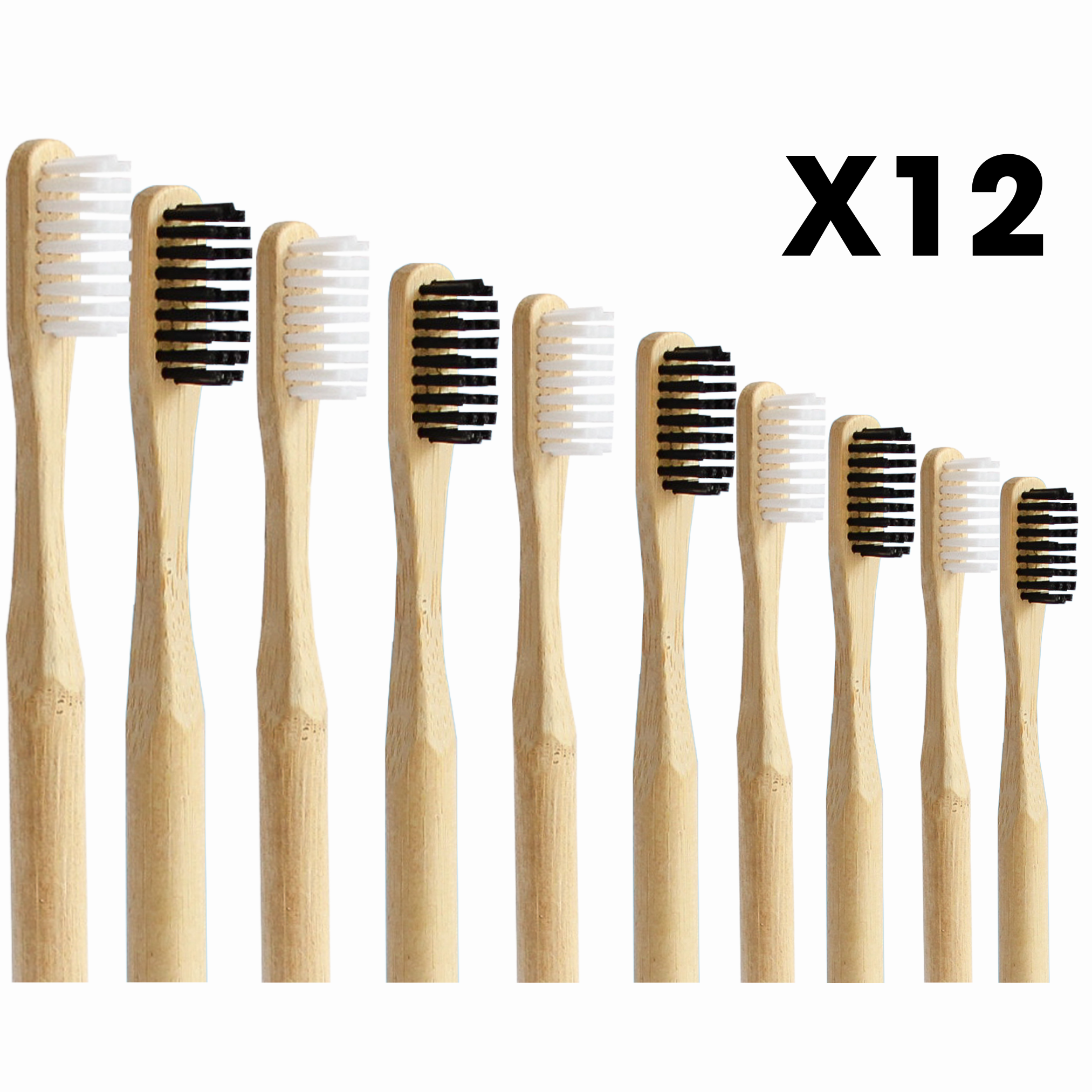 pack 12 cepillos de dientes de bambú cerdas medias negro y blanco Biobrands natural biodegradable