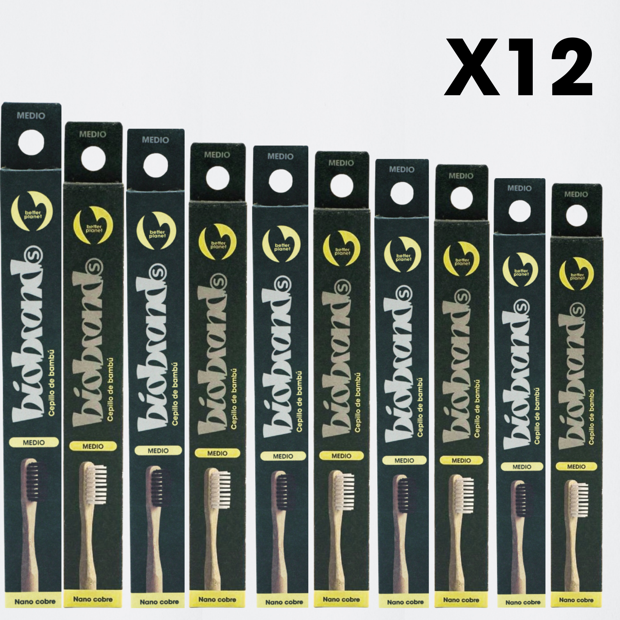 pack 12 cepillos de dientes de bambú cerdas medias negro y blanco Biobrands natural biodegradable