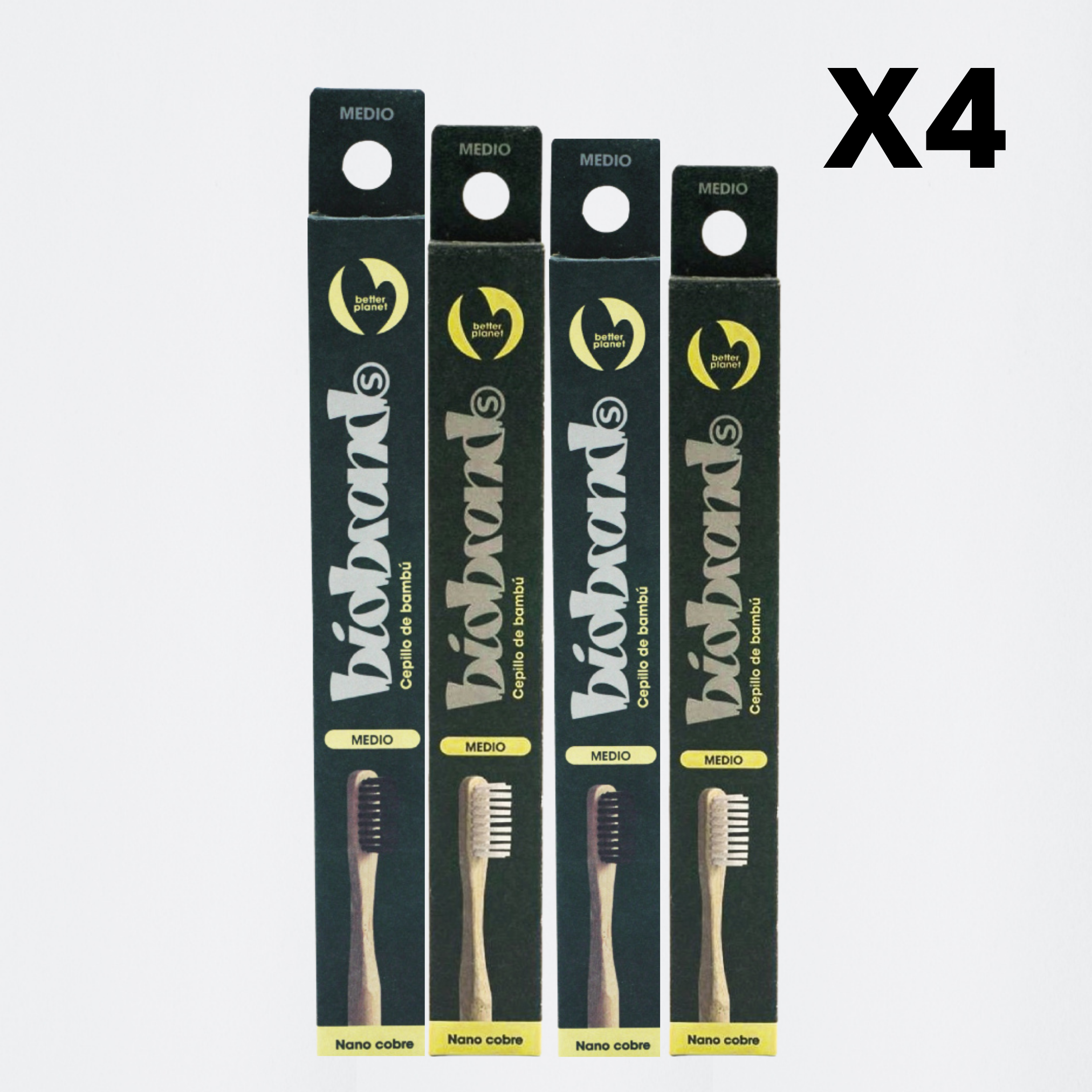pack 4 cepillos de dientes de bambú cerdas medias blanco y negro Biobrands naturales ecológicos biodegradables