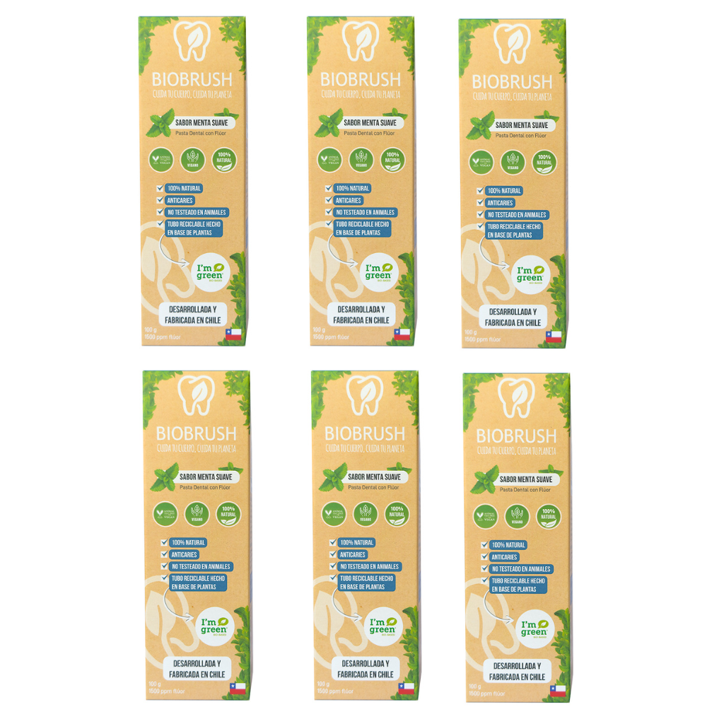 pack 6 pastas dentales con flúor Biobrush ecológica sostenible