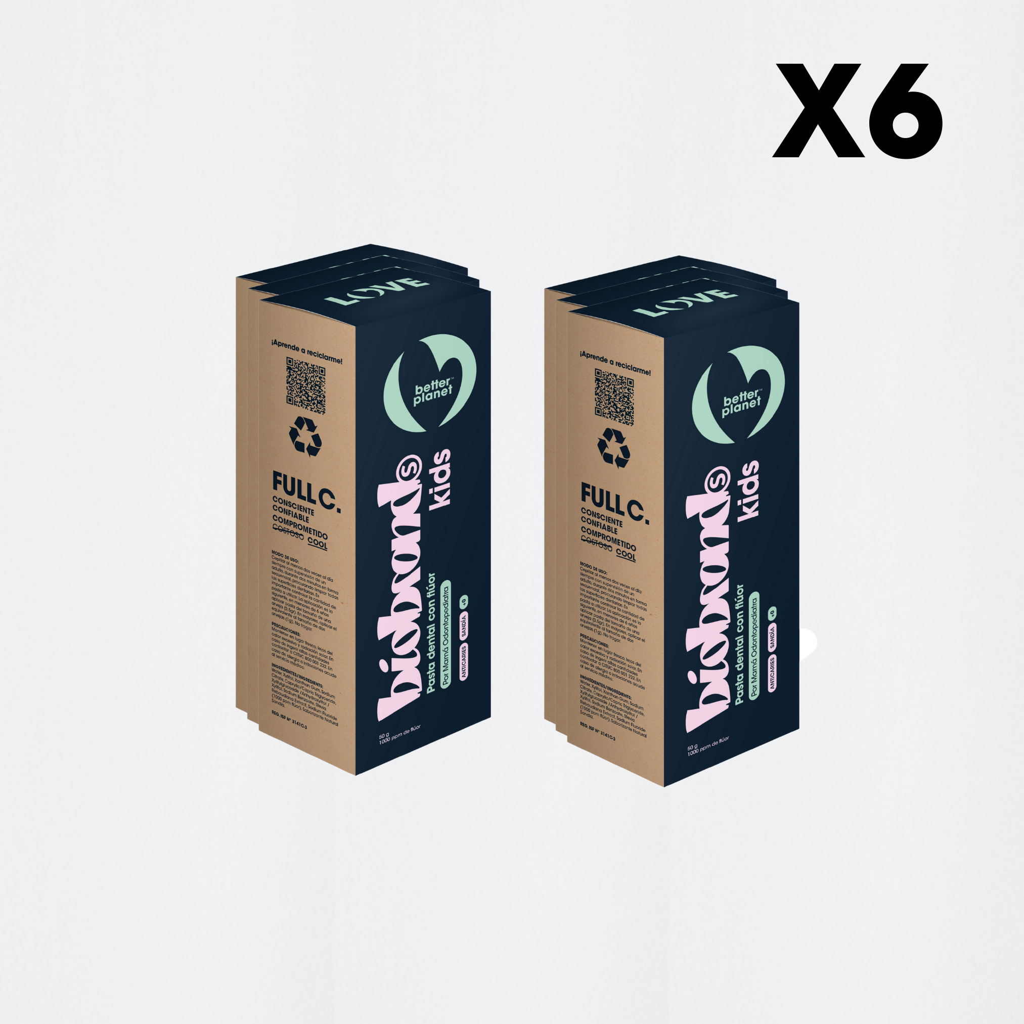 pack 6 pastas dentales para niños con flúor Biobrands ecológica sostenible