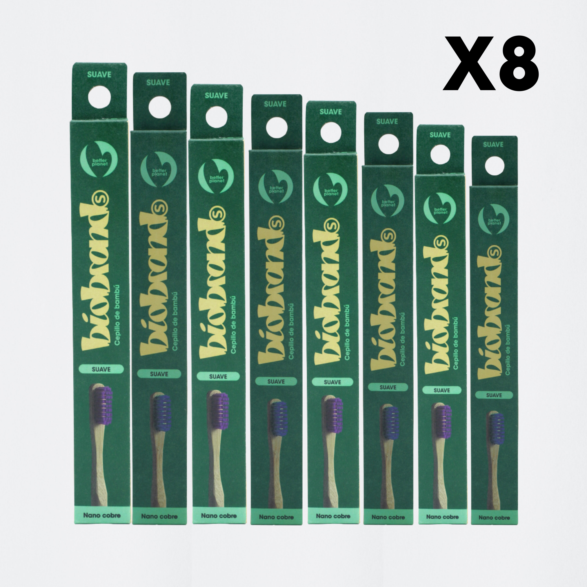 pack 8 cepillos de dientes de bambú cerdas suaves azul y morado Biobrands ecológico sostenible