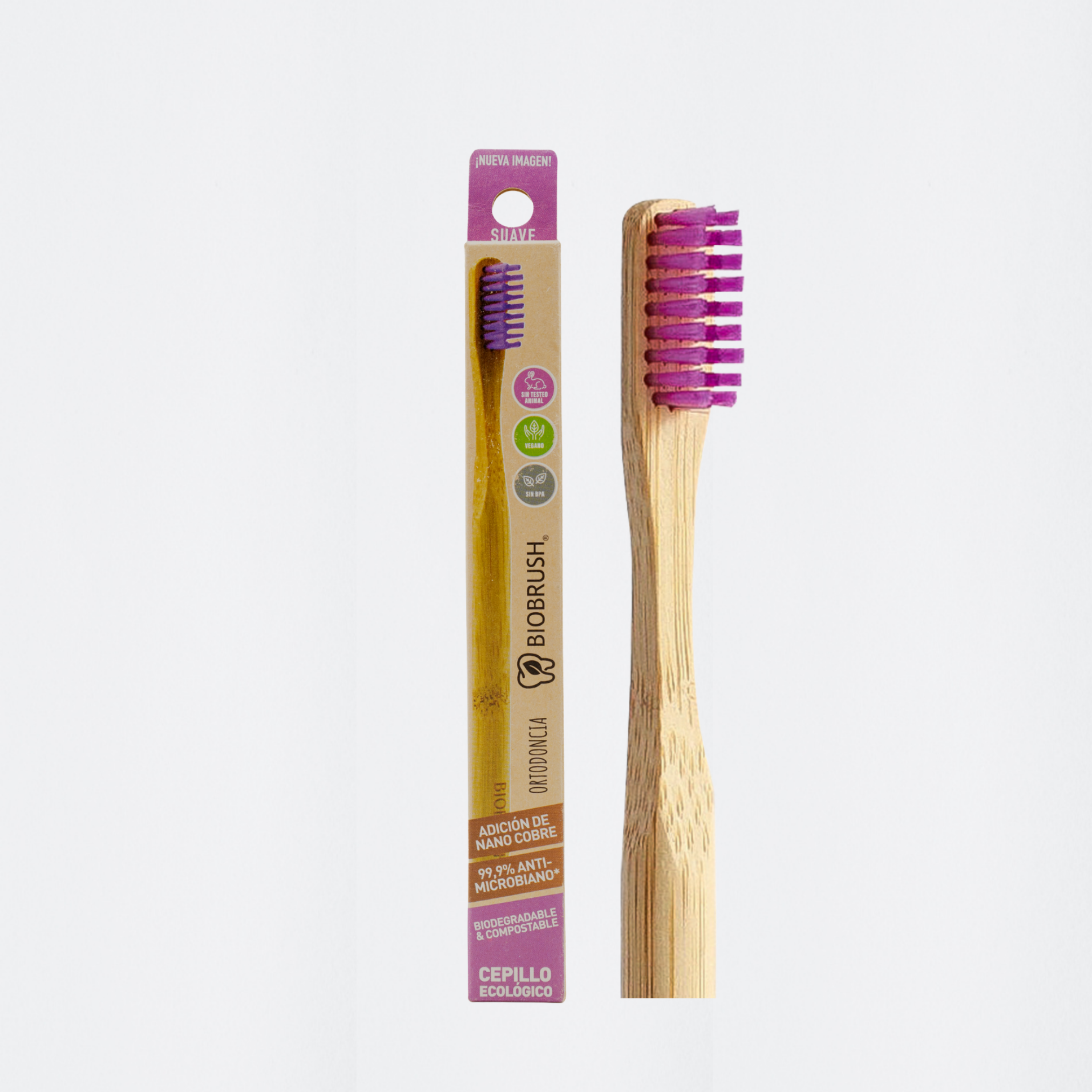 cepillo de dientes de bambú ortodoncia cerdas suaves morado Biobrush natural ecológico biodegradable