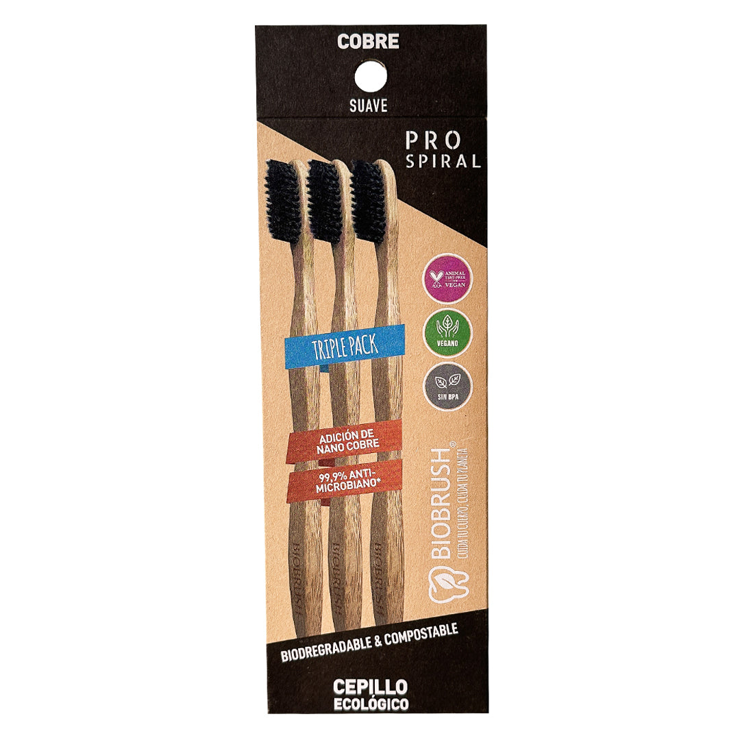 pack 3 cepillos de dientes ProSpiral negro Biobrands bambú natural