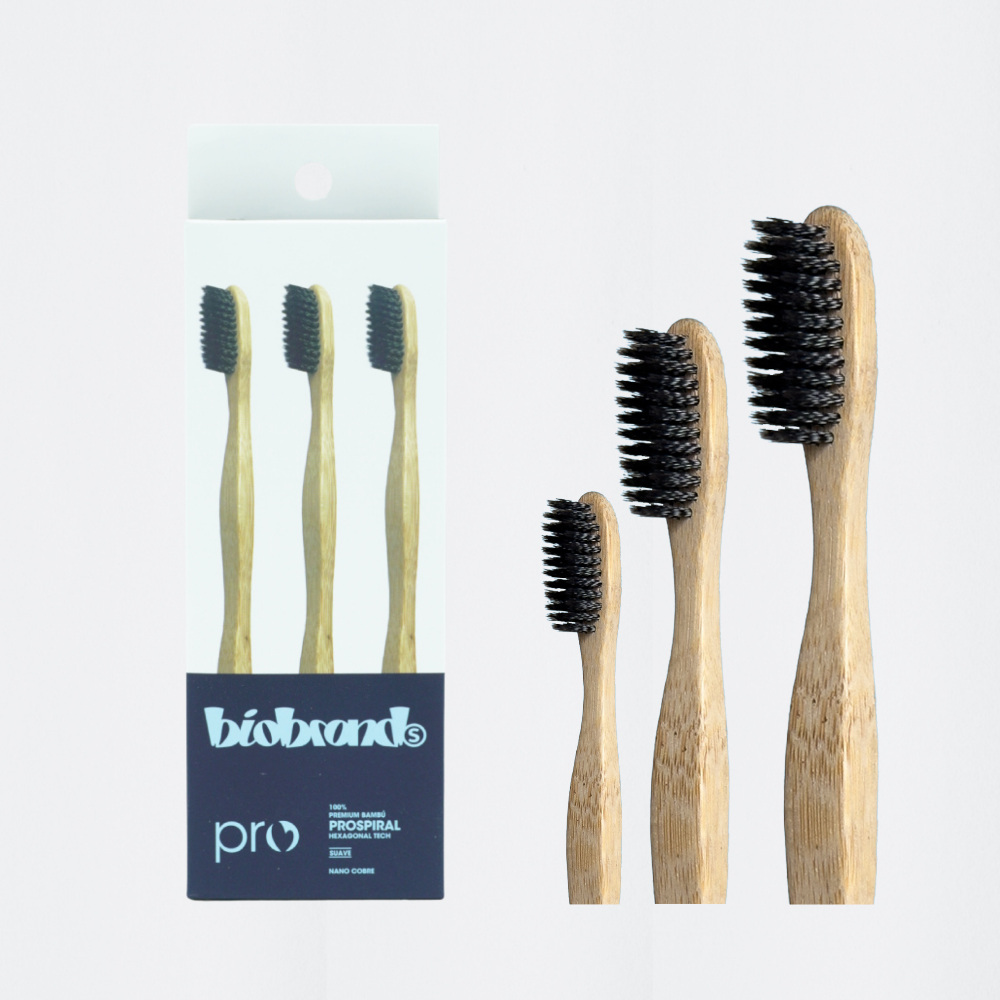 pack 3 cepillos de dientes ProSpiral negro Biobrands bambú natural