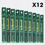 pack 12 cepillos de dientes de bambú cerdas suaves azul y morado Biobrands natural biodegradable