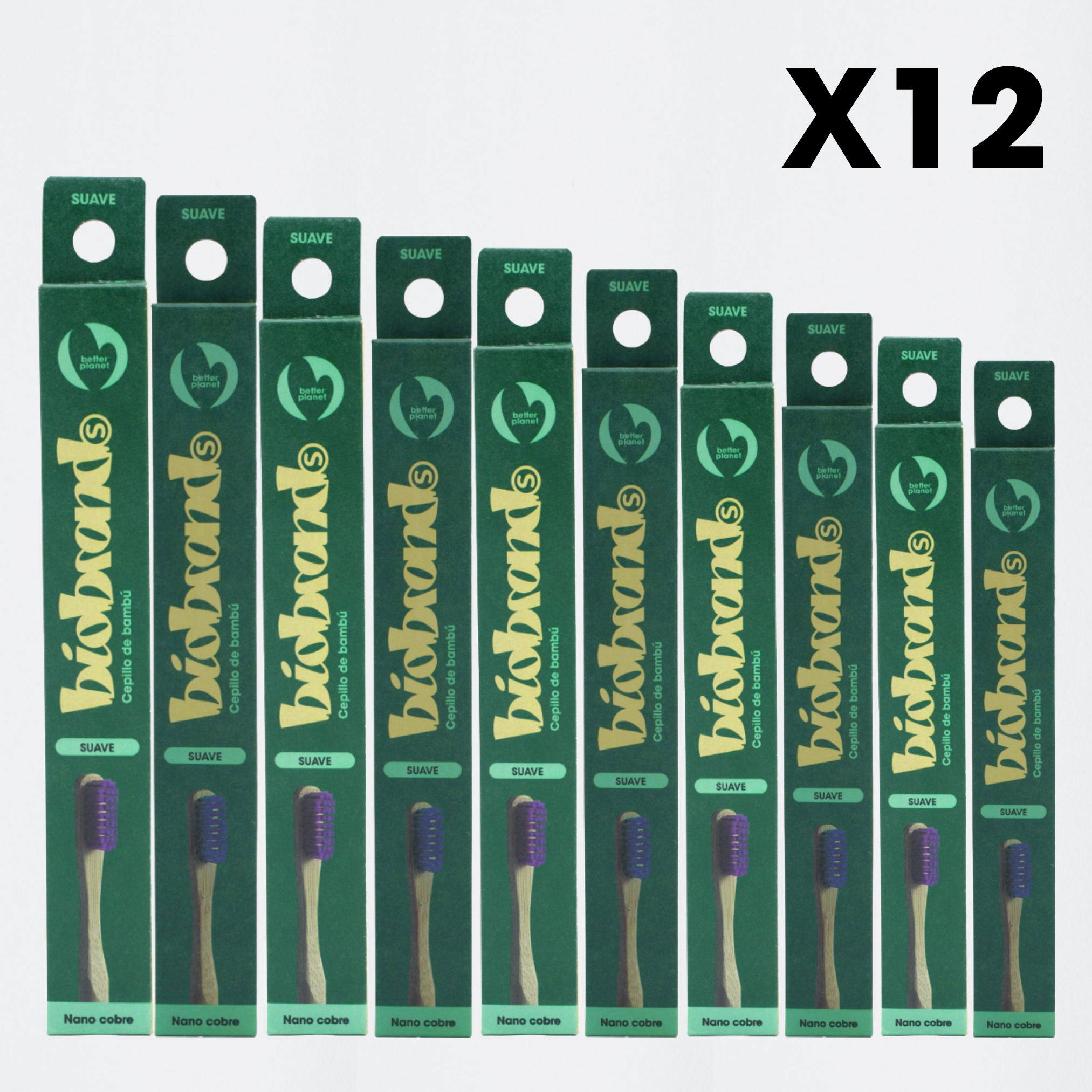 pack 12 cepillos de dientes de bambú cerdas suaves azul y morado Biobrands natural biodegradable
