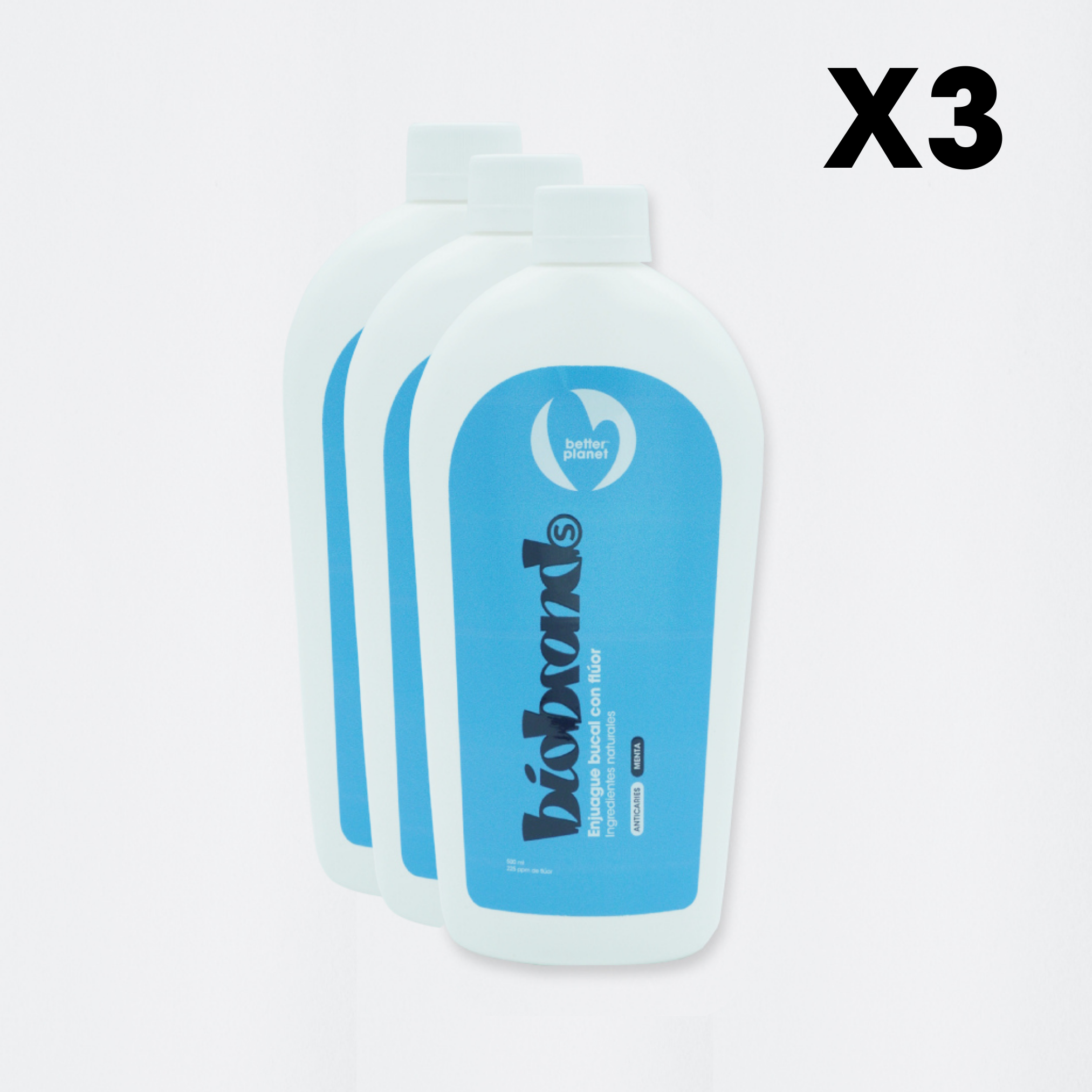 pack 3 enjuagues bucales con flúor Biobrands natural biodegradable