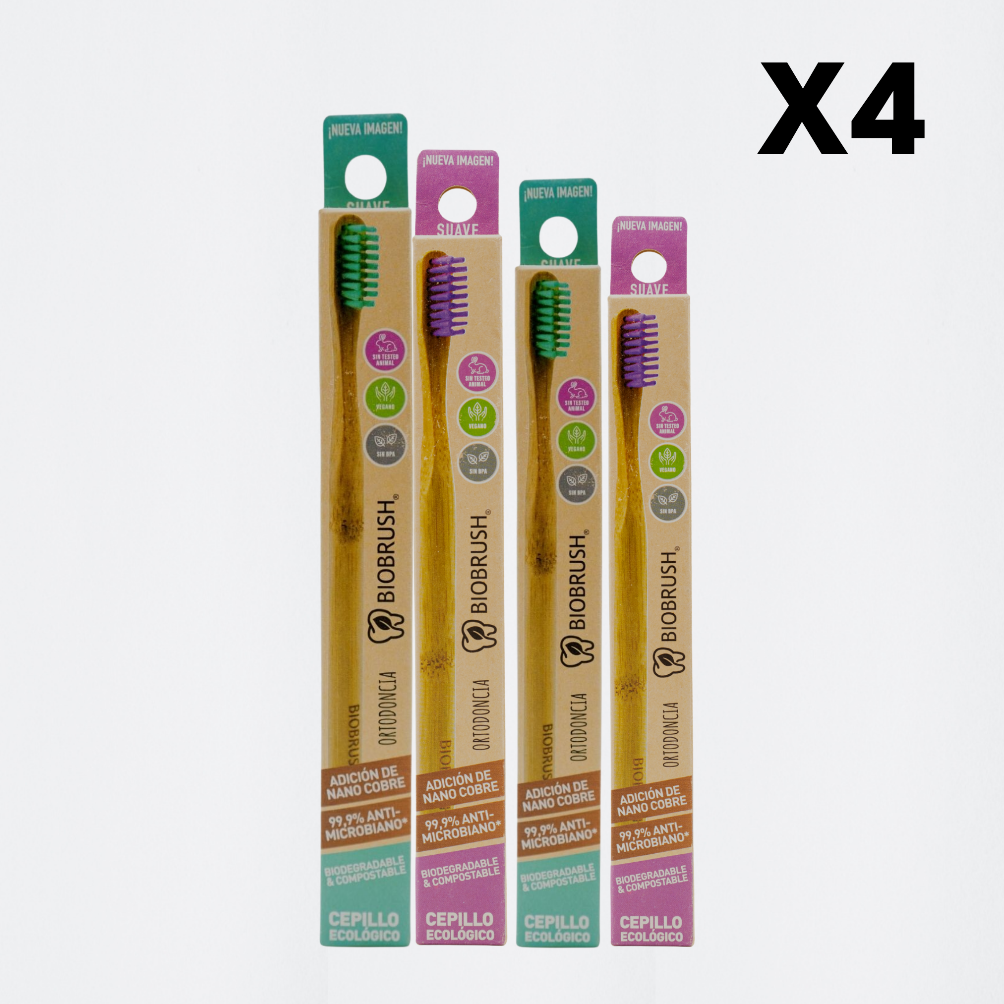 pack 4 cepillos de dientes de ortodoncia cerdas suaves Biobrush naturales ecológicos biodegradables