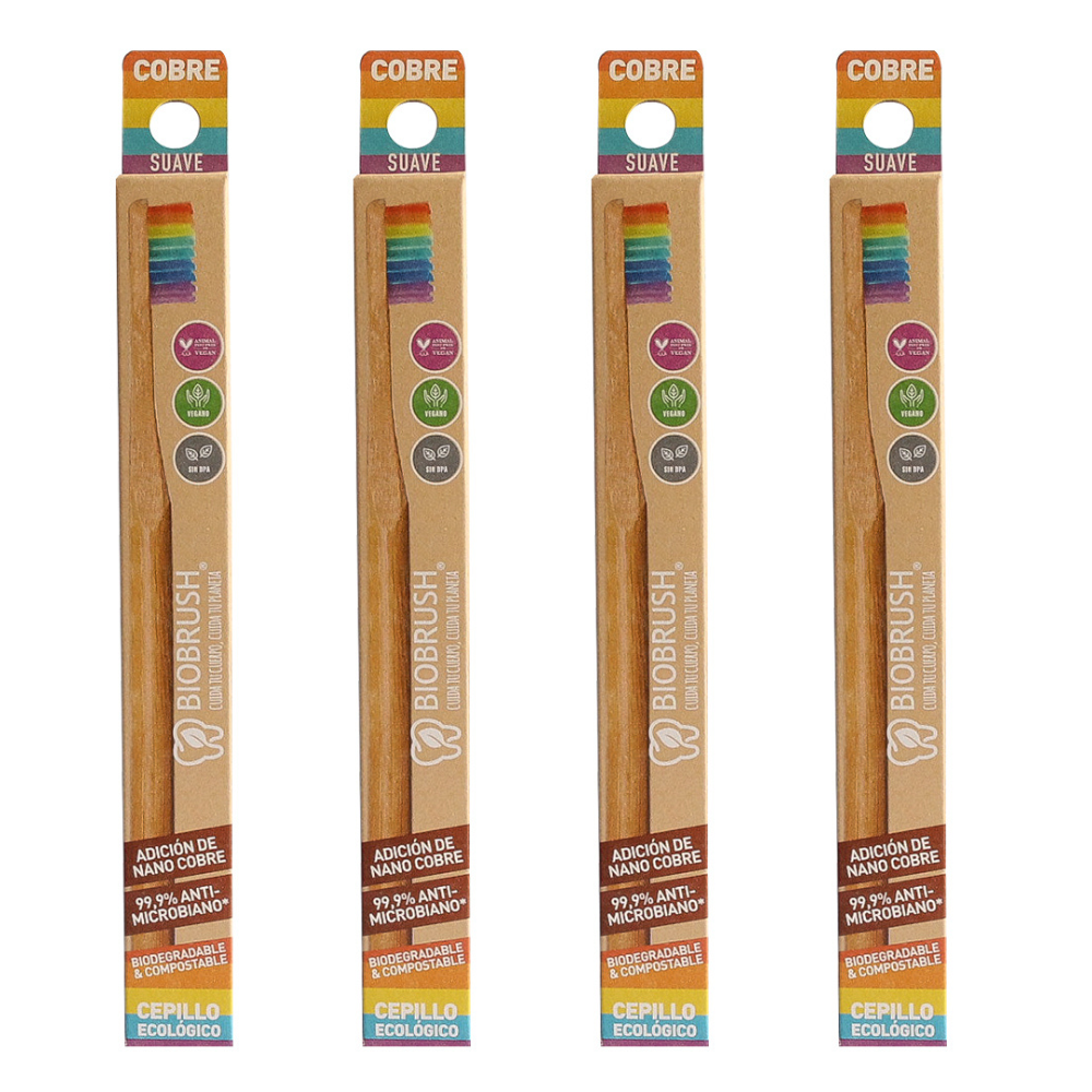 pack 4 cepillos de dientes de bambú cerdas suaves arcoíris Biobrands natural ecológicos biodegradables
