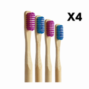 pack 4 cepillos de dientes de bambú cerdas suaves azul y morado Biobrands naturales ecológicos biodegradables