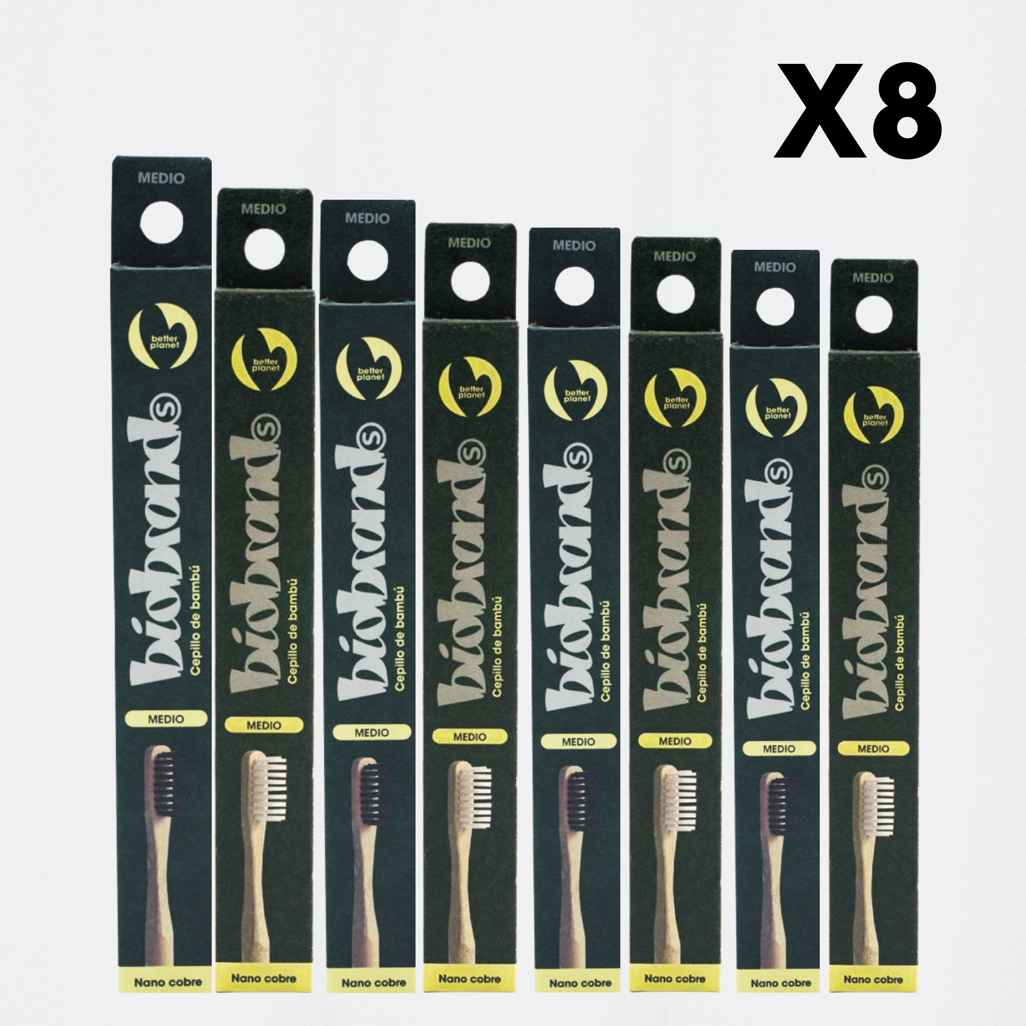pack 8 cepillos de dientes de bambú cerdas medias negro y blanco Biobrands natural biodegradable