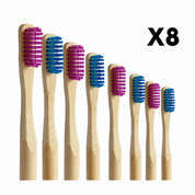 pack 8 cepillos de dientes de bambú cerdas suaves azul y morado Biobrands ecológico sostenible