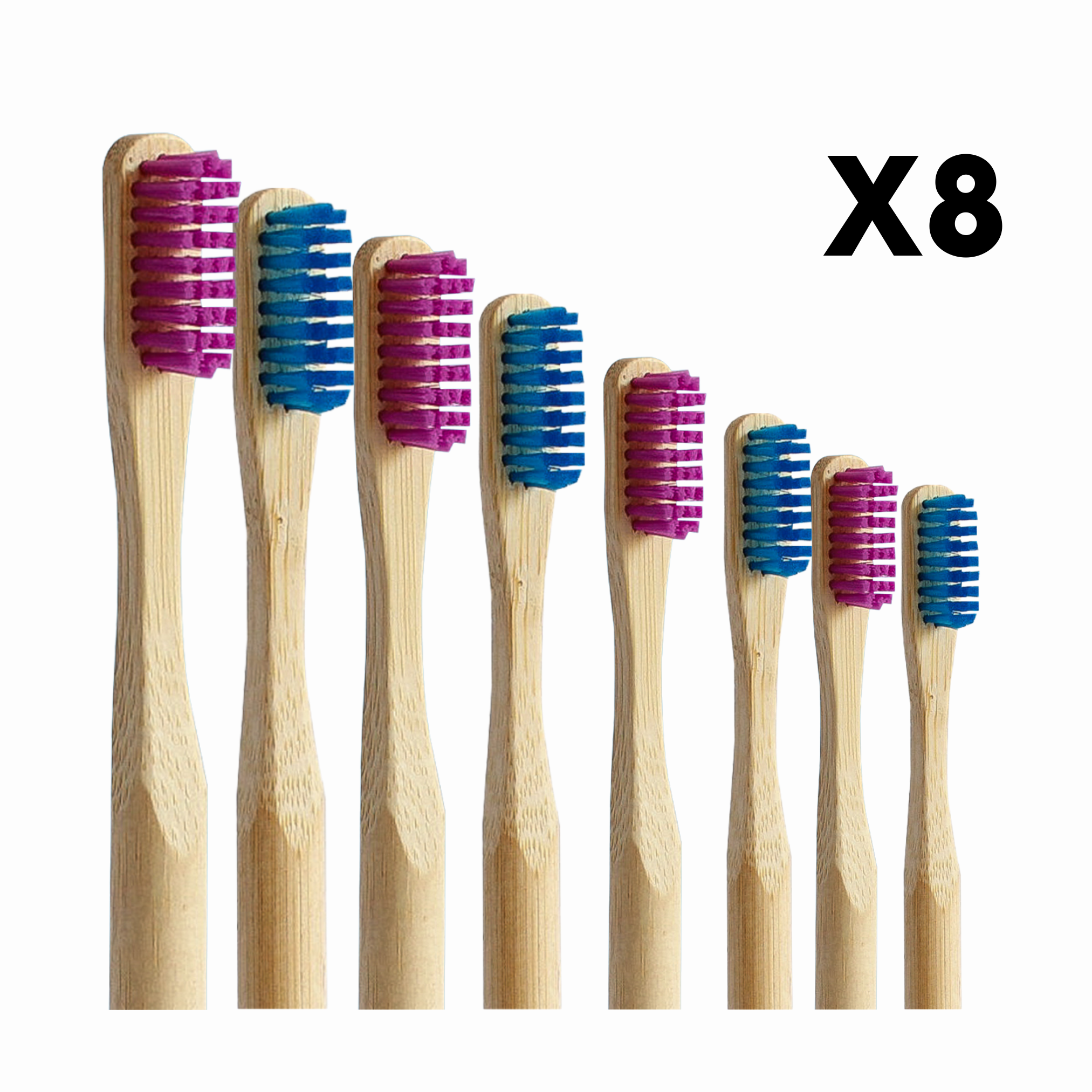 pack 8 cepillos de dientes de bambú cerdas suaves azul y morado Biobrands ecológico sostenible
